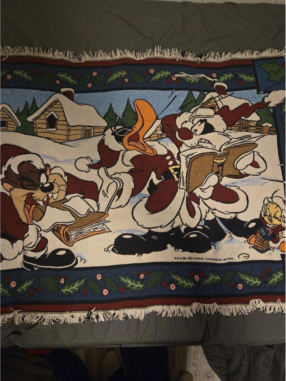 Vintage 1996 Warner Bros. Christmas Tapestry Blanket Sylvester & Looney Tunes - Picture 7 of 8